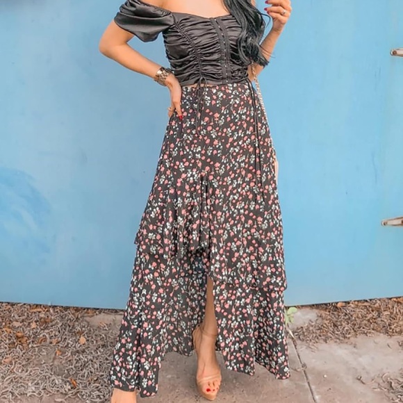 Black and Pink Asymmetrical Wrap Midi Skirt - Picture 2 of 12